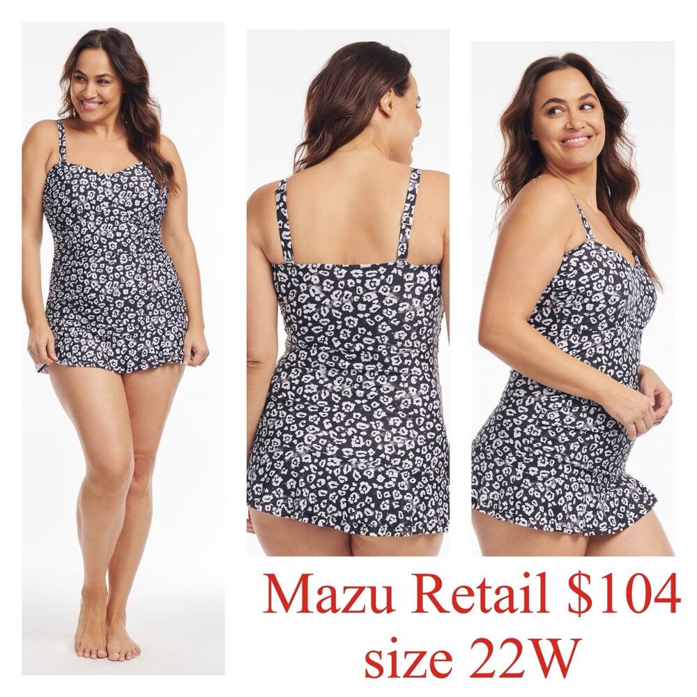 Mazu Swimdress 22W Black Gray Cheetah One Piece Ruffle Skirt Retro Pin Up Tummy
